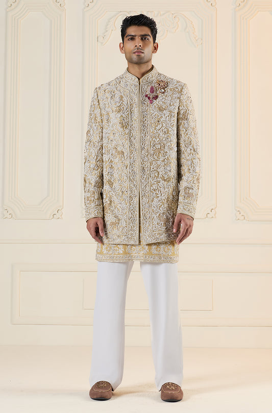 Beige Floral Embroidered Short Sherwani Set