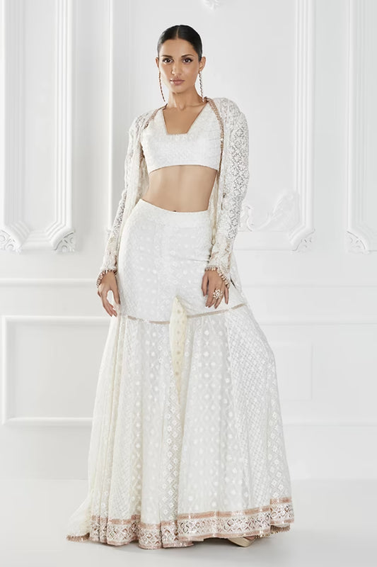 Ivory Georgette Sharara Cape Set