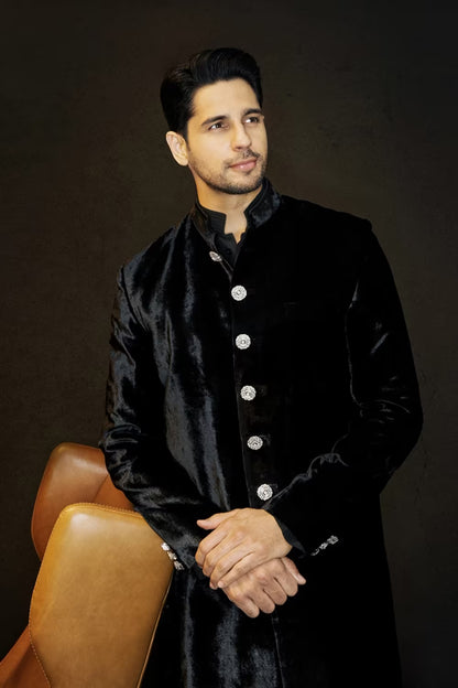 Sidharth Malhotra in our Black Velvet Sherwani Set