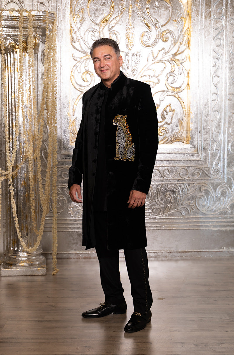 Jugal Hansraj in our Black Velvet Tiger Motif Sherwani Set