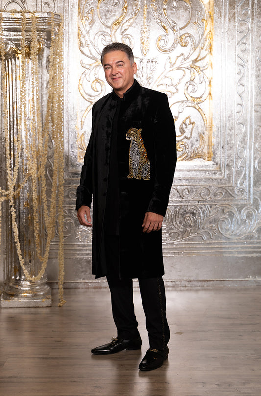 Jugal Hansraj in our Black Velvet Tiger Motif Sherwani Set