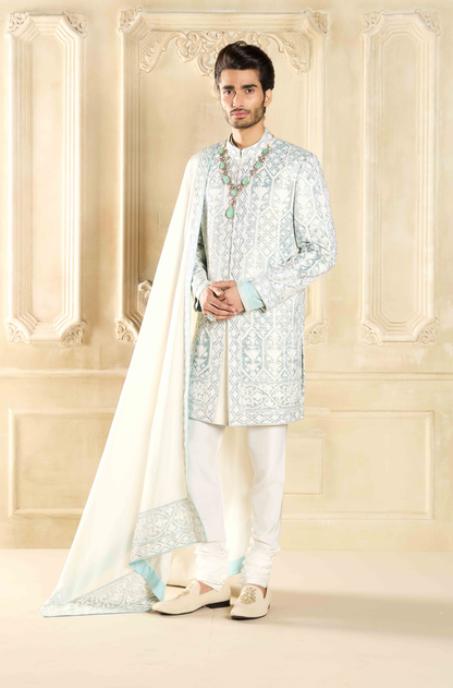Ivory Raw Silk Geometric Embroidered Sherwani Set