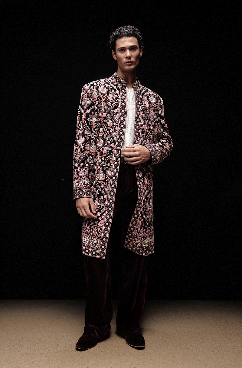 Black with Shades of Pink Embroidered Mijwan Sherwani Set