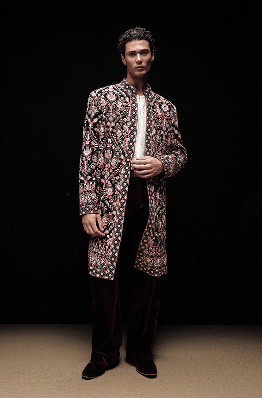 Black with Shades of Pink Embroidered Mijwan Sherwani Set