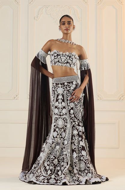 Ivory On Brown Embroidered Fit To Flare Skirt Set