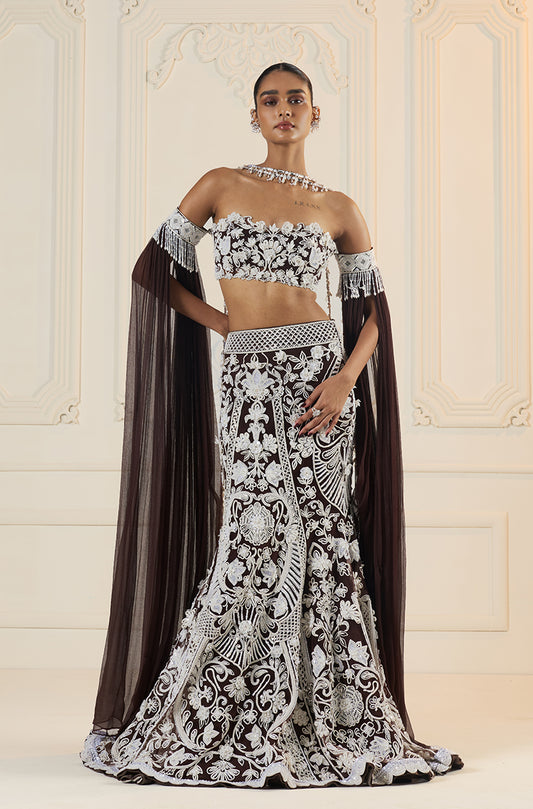 Ivory On Brown Embroidered Fit To Flare Skirt Set