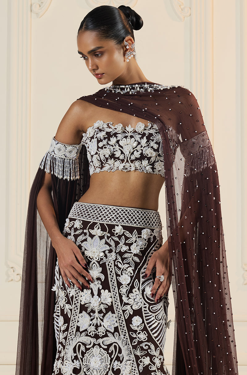 Ivory On Brown Embroidered Fit To Flare Skirt Set