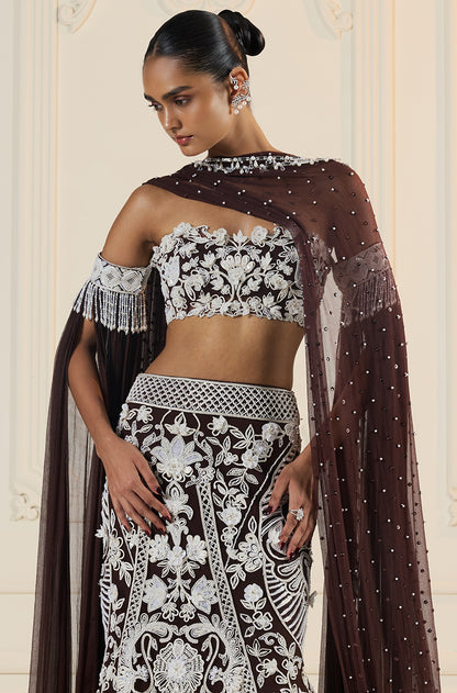 Ivory On Brown Embroidered Fit To Flare Skirt Set