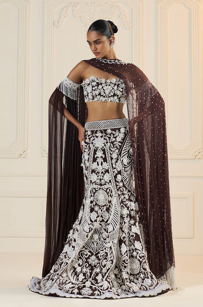 Ivory On Brown Embroidered Fit To Flare Skirt Set