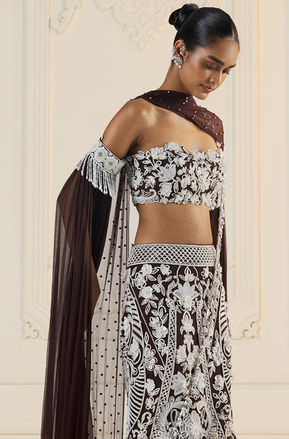 Ivory On Brown Embroidered Fit To Flare Skirt Set