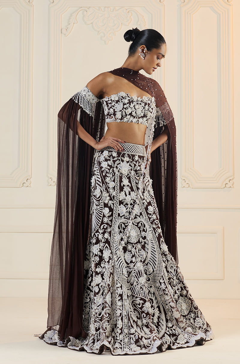 Ivory On Brown Embroidered Fit To Flare Skirt Set