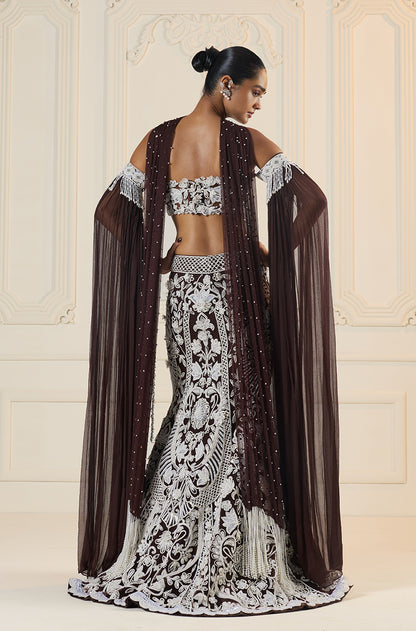 Ivory On Brown Embroidered Fit To Flare Skirt Set