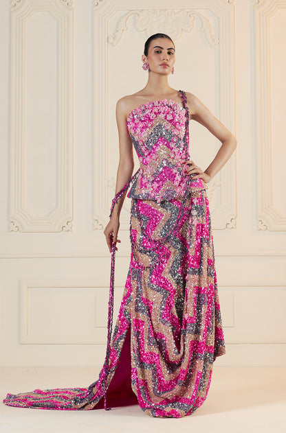 Pink & Multi-Coloured Chevron Sequin Drape Skirt Set