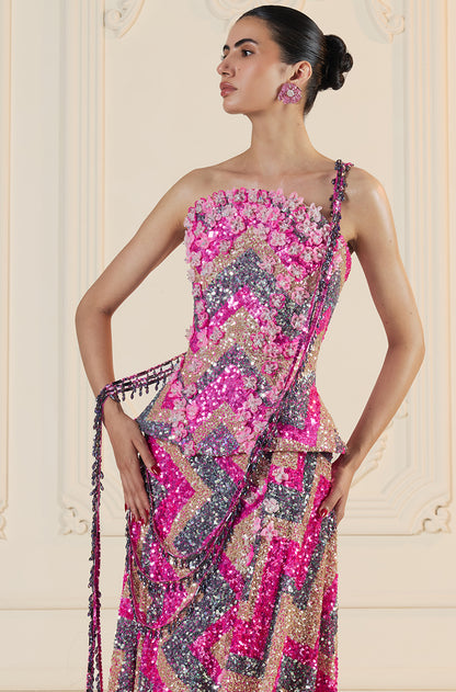 Pink & Multi-Coloured Chevron Sequin Drape Skirt Set