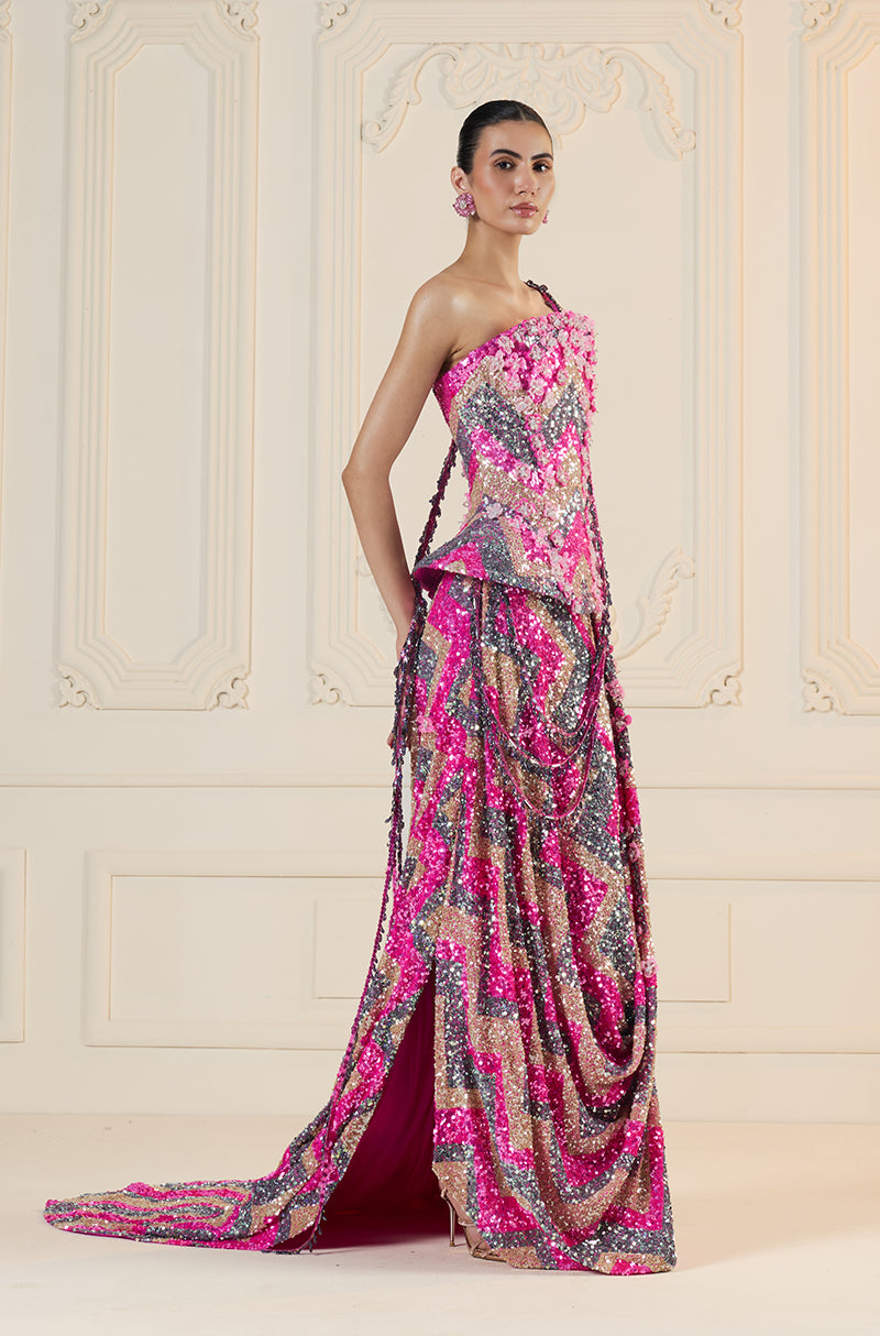 Pink & Multi-Coloured Chevron Sequin Drape Skirt Set