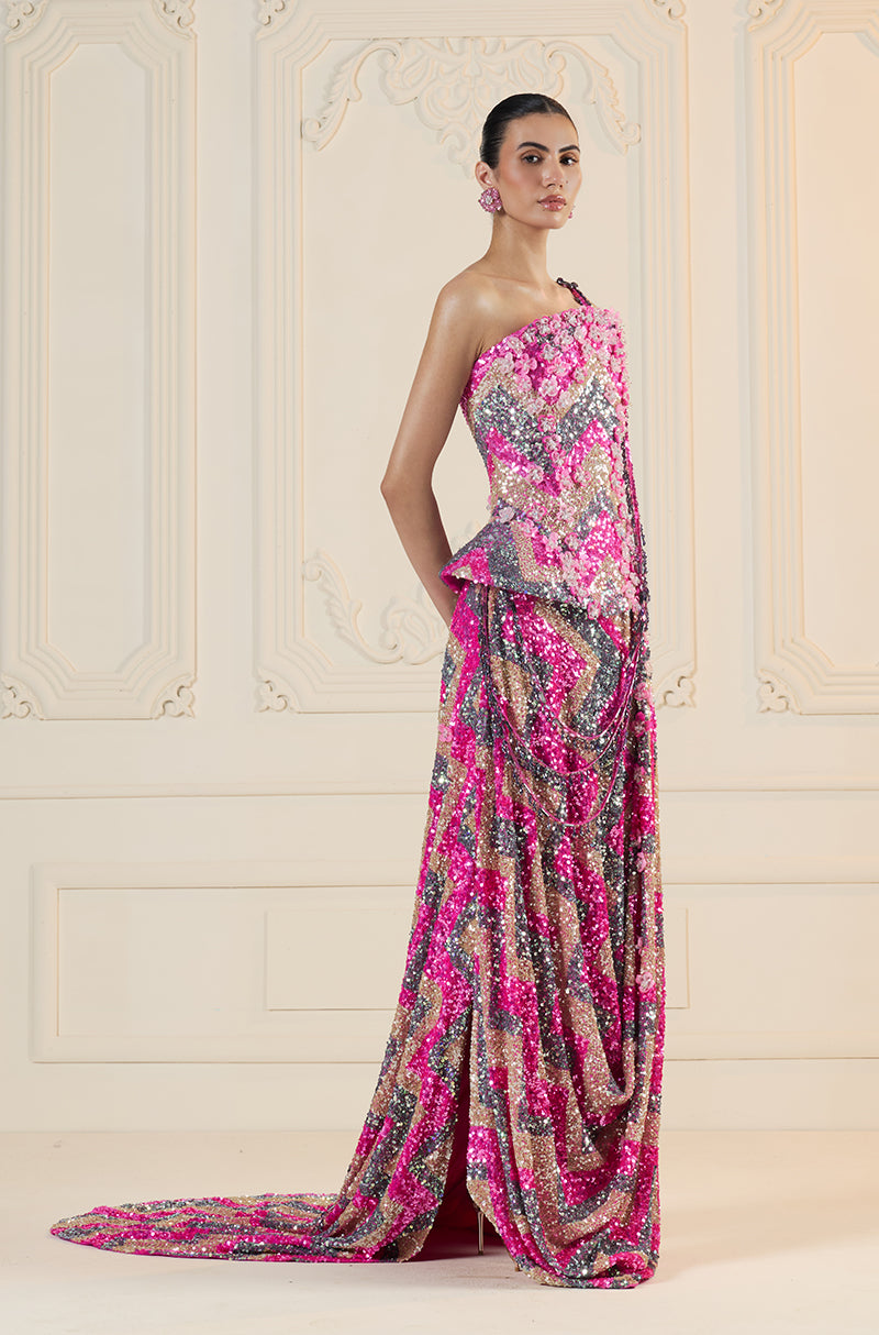 Pink & Multi-Coloured Chevron Sequin Drape Skirt Set