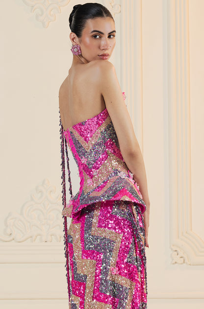 Pink & Multi-Coloured Chevron Sequin Drape Skirt Set