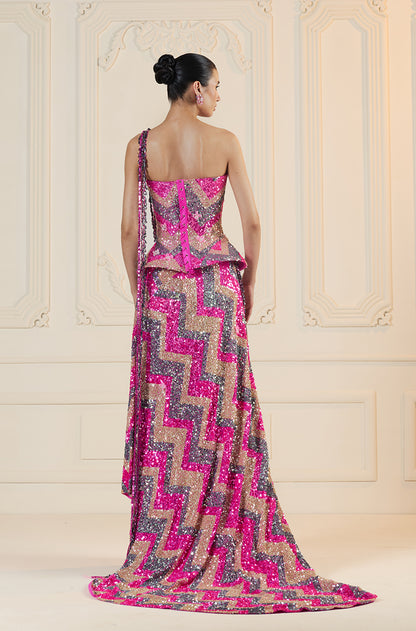 Pink & Multi-Coloured Chevron Sequin Drape Skirt Set
