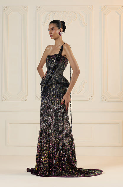 Deep Purple Sequin & Stone Embroidered Fit To Flare Skirt Set