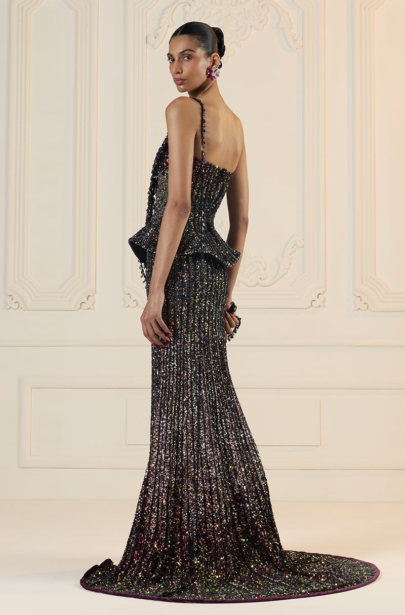 Deep Purple Sequin & Stone Embroidered Fit To Flare Skirt Set