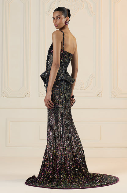 Deep Purple Sequin & Stone Embroidered Fit To Flare Skirt Set