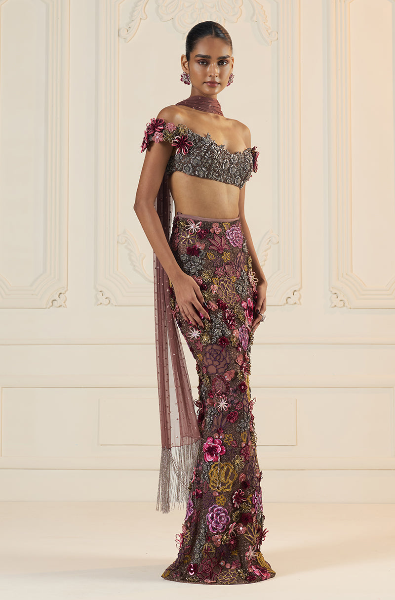 Mauve Floral Cutwork Slim Skirt Set