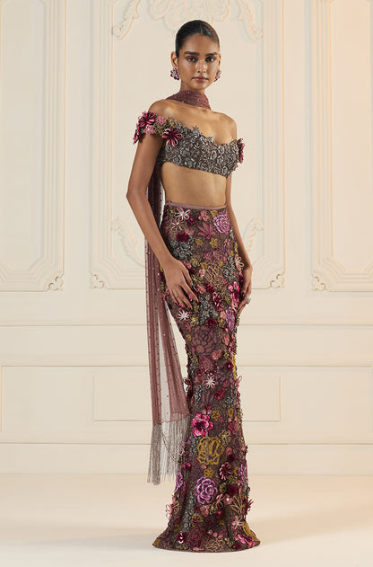 Mauve Floral Cutwork Slim Skirt Set