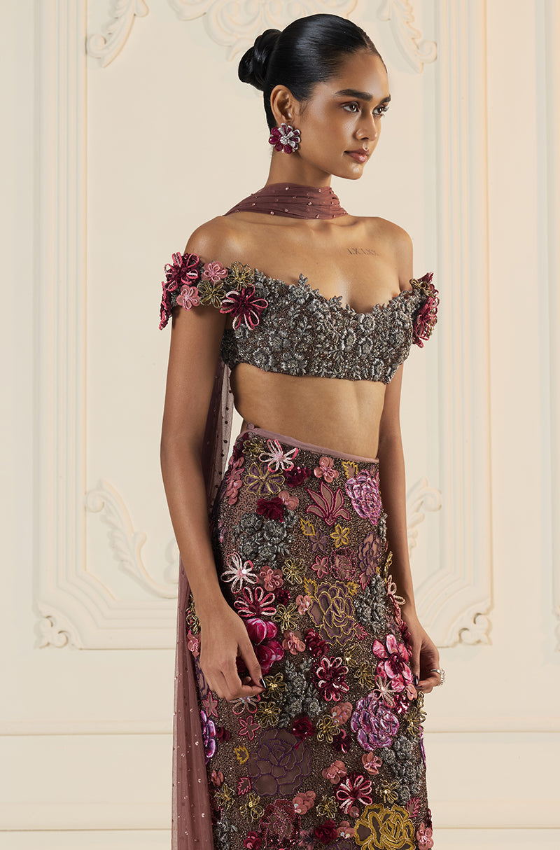 Mauve Floral Cutwork Slim Skirt Set
