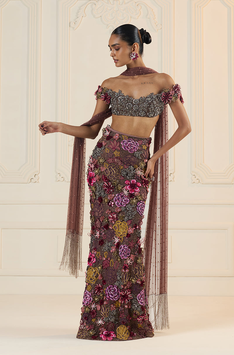Mauve Floral Cutwork Slim Skirt Set