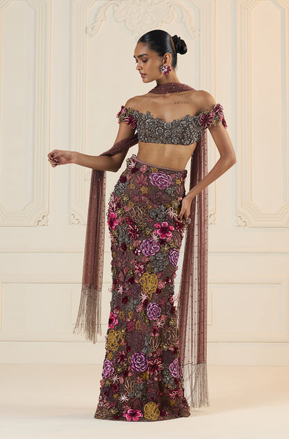 Mauve Floral Cutwork Slim Skirt Set