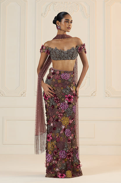 Mauve Floral Cutwork Slim Skirt Set