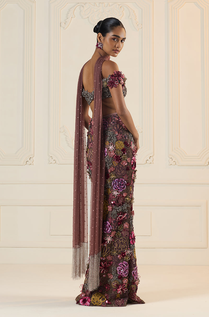 Mauve Floral Cutwork Slim Skirt Set