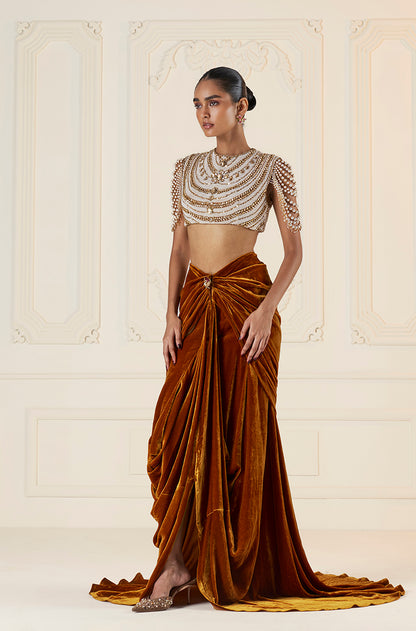 Mustard Velvet Wrap Skirt Set