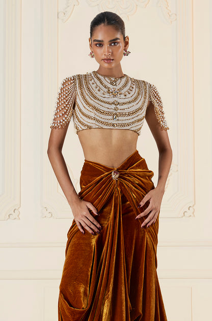 Mustard Velvet Wrap Skirt Set