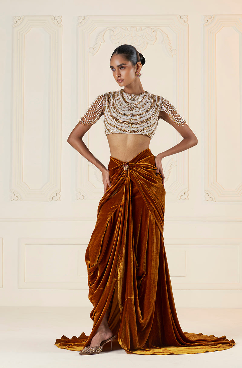 Mustard Velvet Wrap Skirt Set