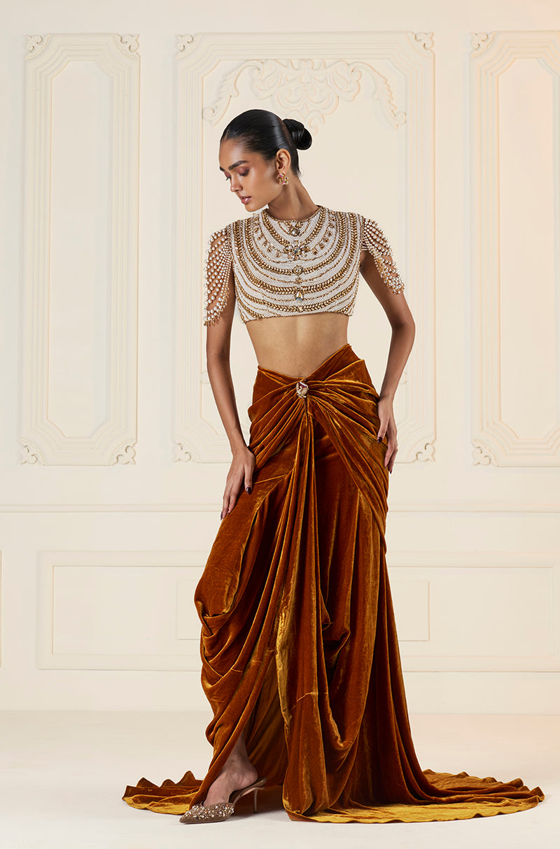 Mustard Velvet Wrap Skirt Set