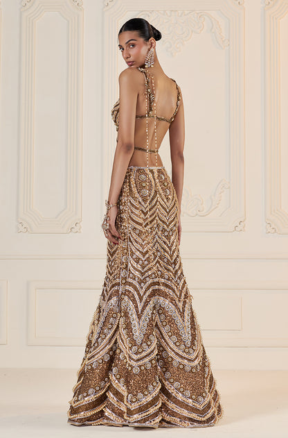Antique Gold Scallop Embroibered Fit To Flare Skirt Set