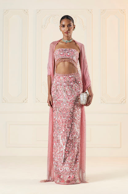 Coral Shadow Work Mijwan Column Skirt Set
