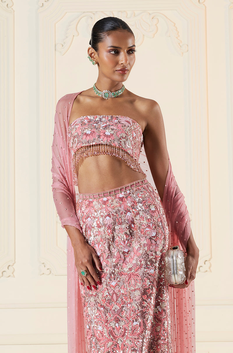 Coral Shadow Work Mijwan Column Skirt Set