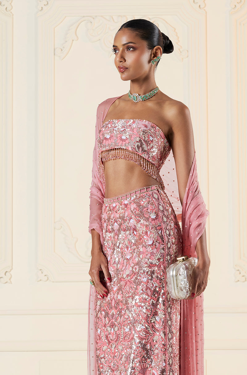 Coral Shadow Work Mijwan Column Skirt Set