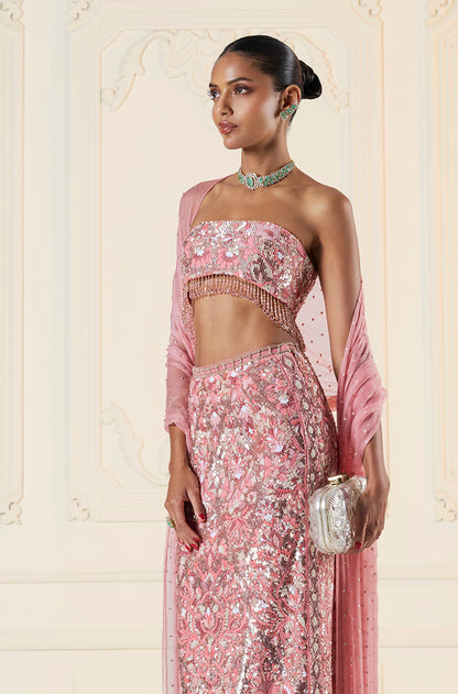 Coral Shadow Work Mijwan Column Skirt Set