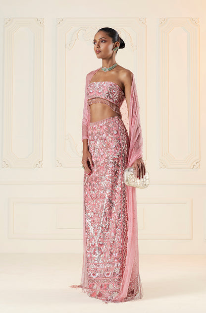 Coral Shadow Work Mijwan Column Skirt Set
