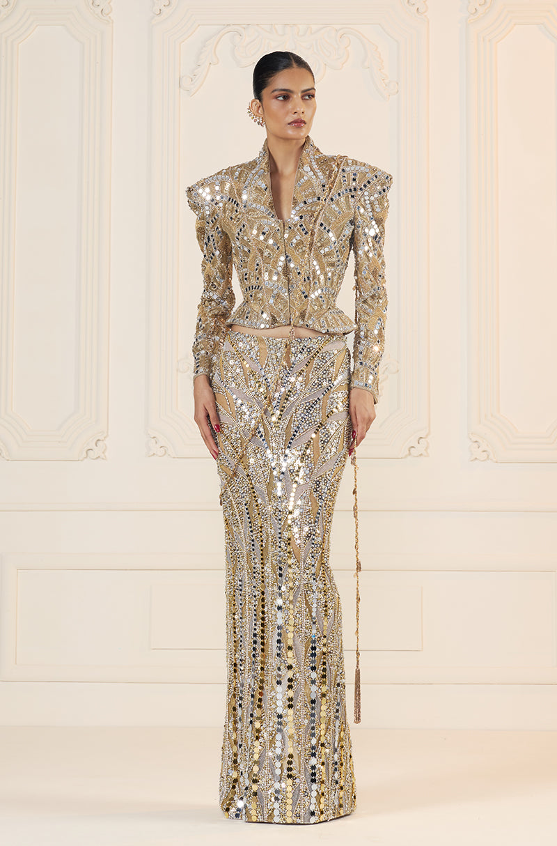 Gold-Silver Mirror Sequin Stone Encrusted Skirt Set