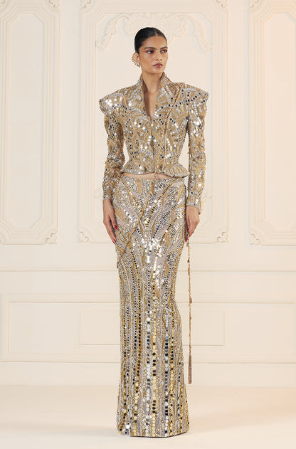 Gold-Silver Mirror Sequin Stone Encrusted Skirt Set