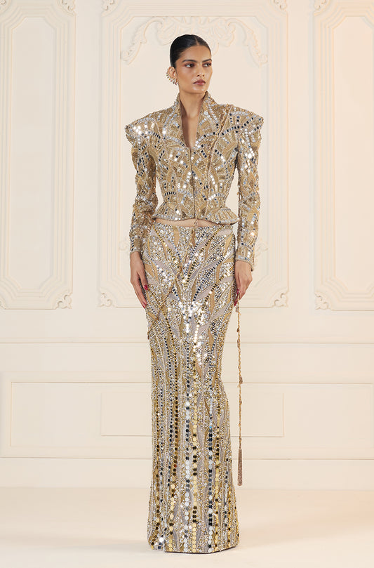 Gold-Silver Mirror Sequin Stone Encrusted Skirt Set