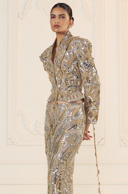 Gold-Silver Mirror Sequin Stone Encrusted Skirt Set