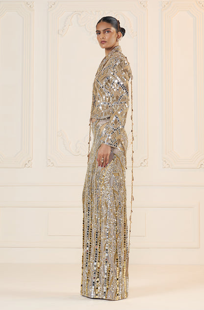 Gold-Silver Mirror Sequin Stone Encrusted Skirt Set