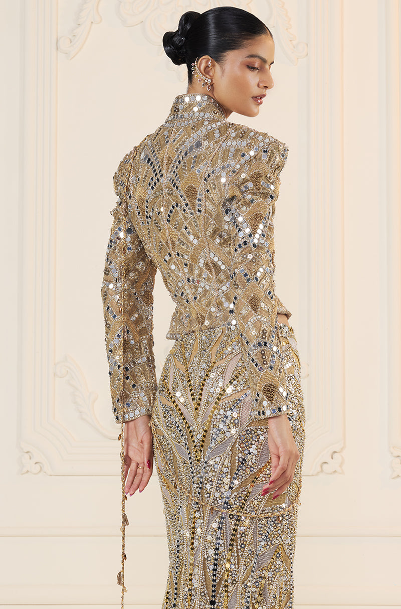 Gold-Silver Mirror Sequin Stone Encrusted Skirt Set