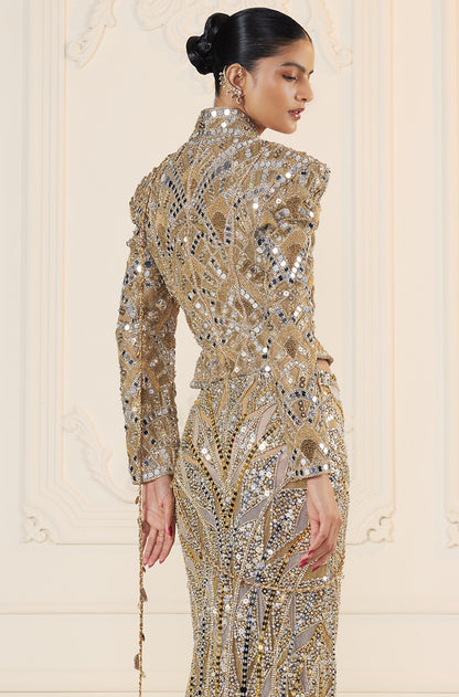Gold-Silver Mirror Sequin Stone Encrusted Skirt Set
