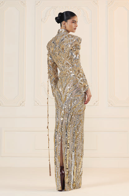 Gold-Silver Mirror Sequin Stone Encrusted Skirt Set
